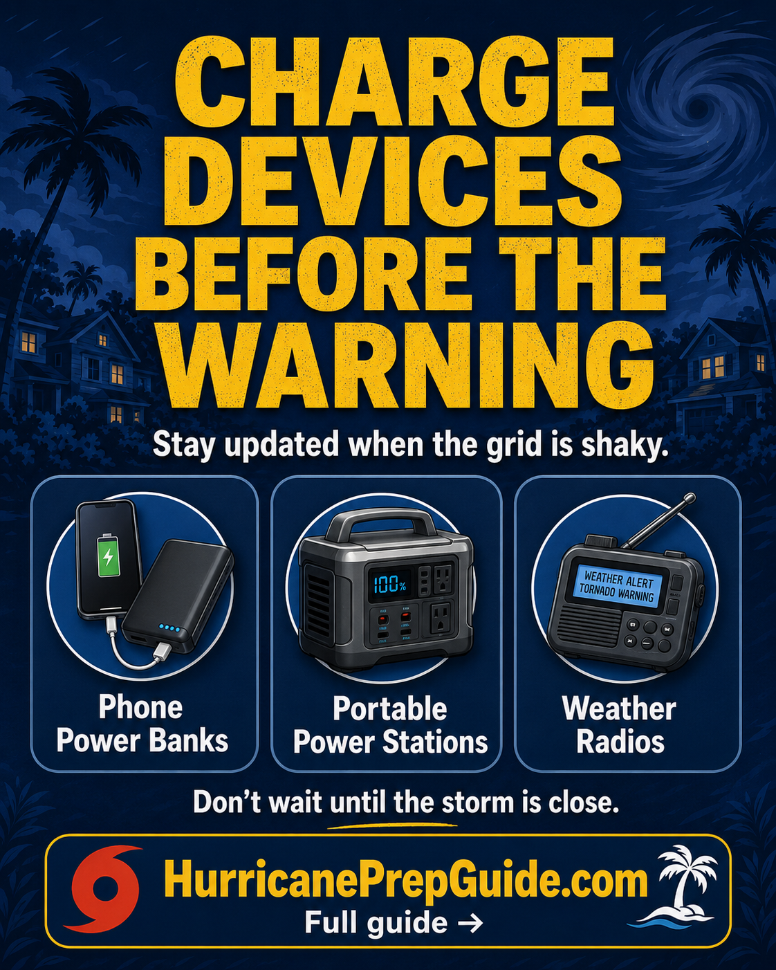 Charge devices before the warning hurricane graphic